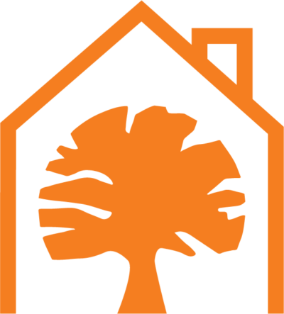 Outline of a house with a tree inside/underneath it
