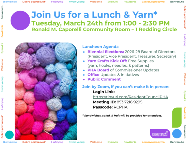 Join us for a lunch and yarn March 24 from 1:00 pm to 2:30 pm at the Ronald M Caporelli Community Center