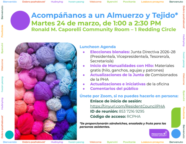 Join us for a lunch and yarn March 24 from 1:00 pm to 2:30 pm at the Ronald M Caporelli Community Center