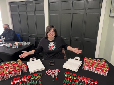 Fay at the gift bag decorating station
