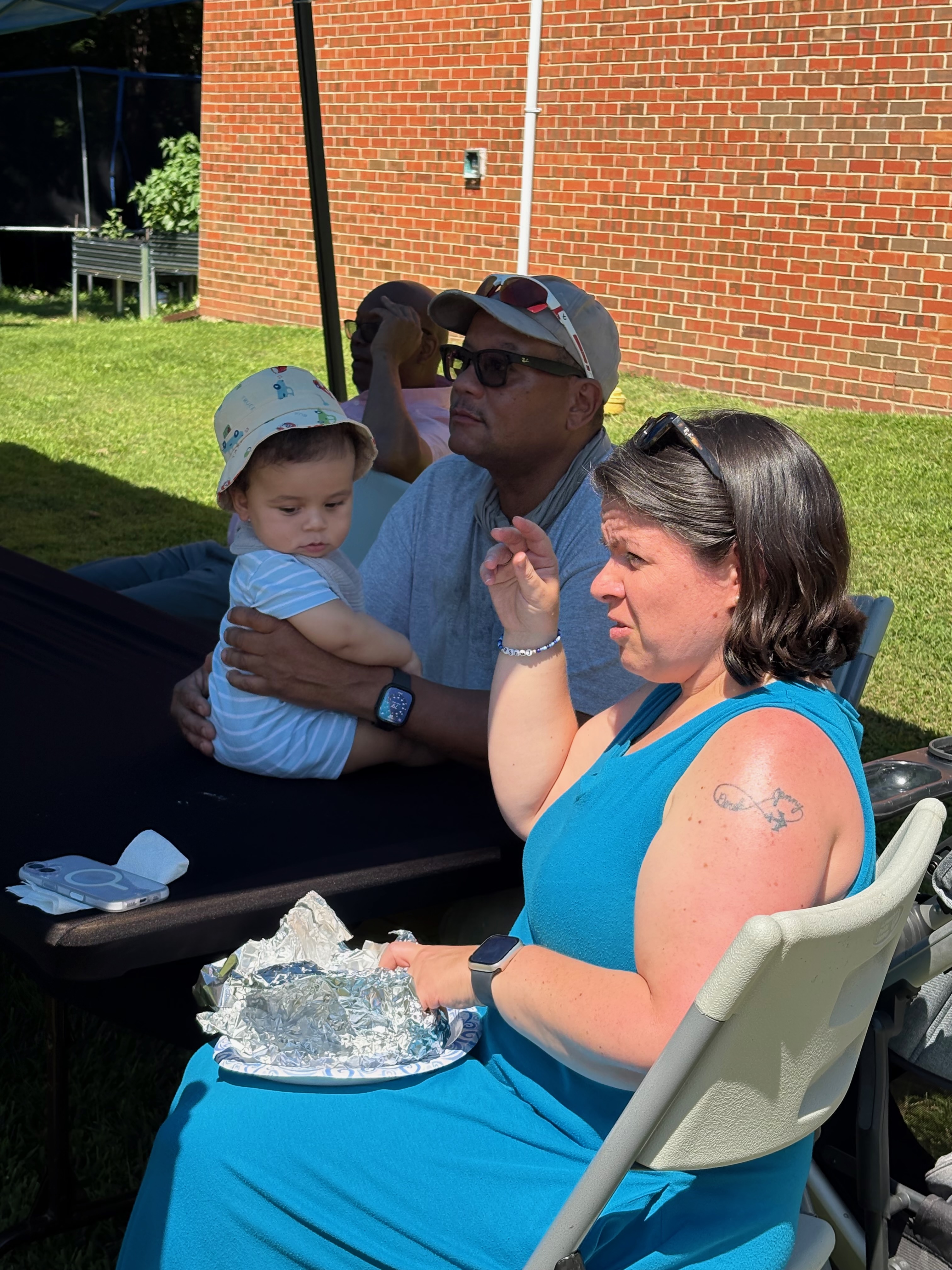 Staff members eating